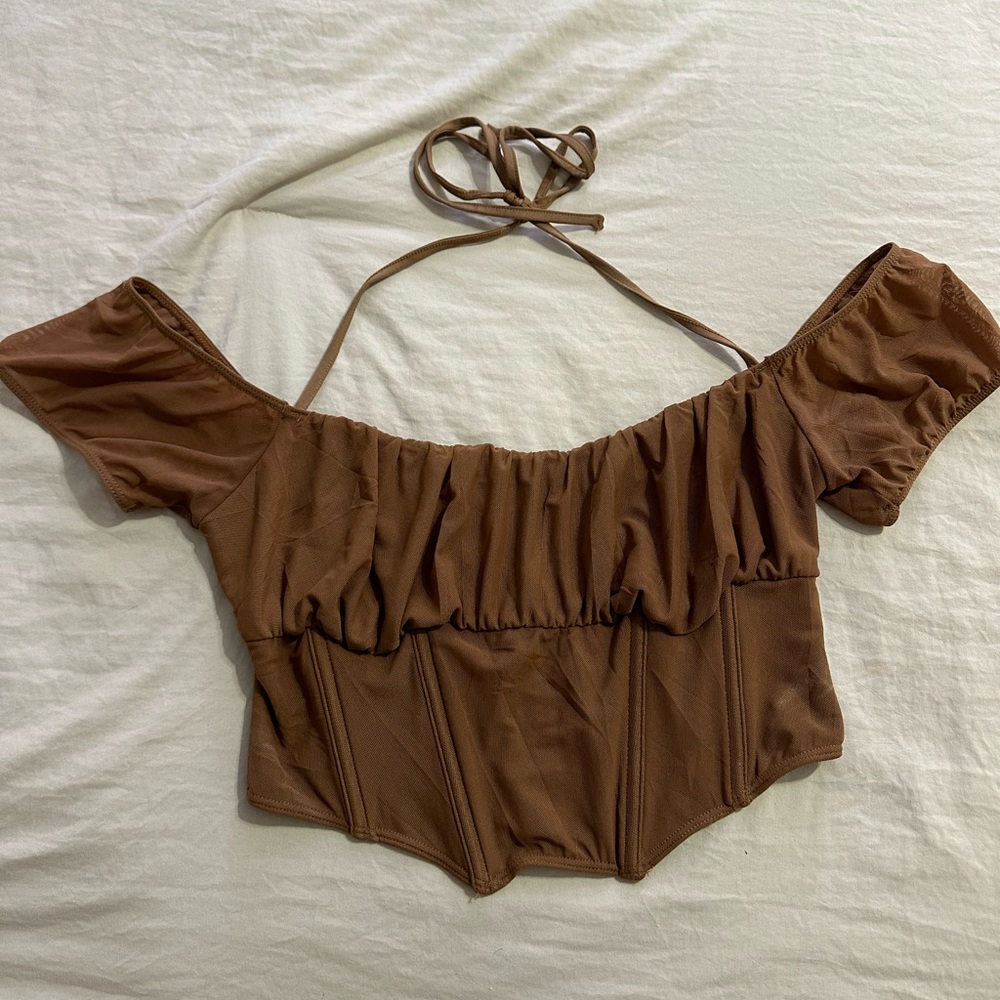 Tic Toc Brown Off Shoulder Corset Cropped Top Size M